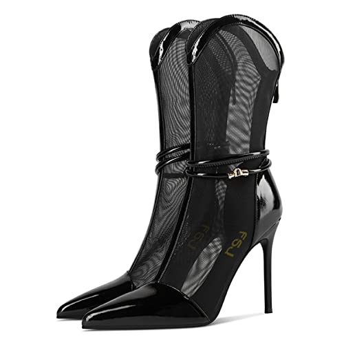 FSJ Women Sexy Pointed Toe Stiletto High Heel Mesh Mid Calf Boots Glossy Back Zipper Summer Casual Sandal Shoes Size 4-15 US3