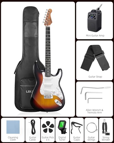 Image of LEKATO Beginner Electric Guitar Kit 39 Inch Full Size Solid Body Guitar SSS for Starter Roasted Maple Neck Stainless Steel Frets, 5w Plug-in Amp, Bag, Tuner, Capo, Strap, Picks, String, Cable-Sunburst