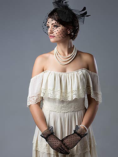 1950S Vintage Fascinator Hat Faux Feather Mesh Net Cocktail Tea Party Headwear And Women Short Lace Gloves (Black, Elegant Style) #TOP1
