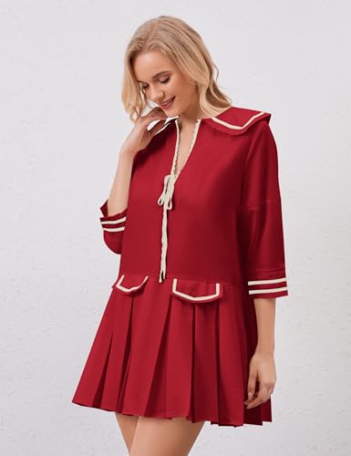 Image of Women Cute Ruffle Tunic Mini Dress Summer Pleated Babydoll Shirt Dress Casual Loose V Neck 3 /4 Sleeve Short Sundress