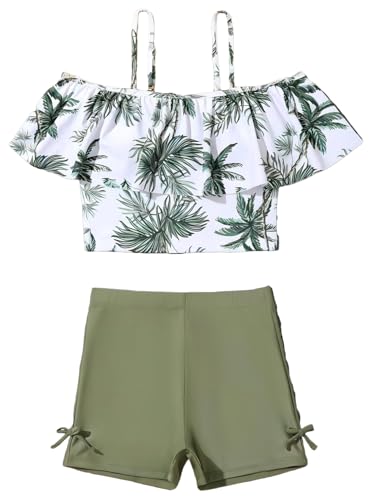 Image of Girl's 2 Piece Set Coconut Tree Print Ruffle Hem Bikini Sets Bathing Suit Green 150
