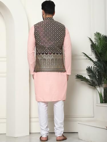 Image of SOJANYA (Since 1958 Men's Cotton Linen Maroon Kurta and White Pyjama with Mustard Cotton Nehru Jacket