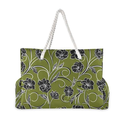 Black Lowers on Olive Green Beach Bag & Travel Tote Bag Large Sandproof with Zipper Closure, Wet Pouch for Swim Gym Travel, Lightweight Foldable Outdoor Bag2