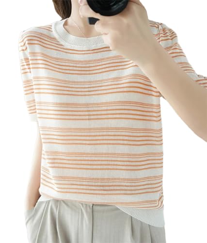 T-shirt à manches courtes col rond femme haut tricoté ample à rayures