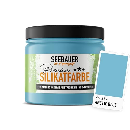 SEEBAUER diy Silikatfarbe Blau 300ml für Innen (No. 819 Arctic Blue) Atmungsaktive Mineralfarbe für Allergiker - Abwaschbare Wandfarbe - Blautöne hohe Deckkraft