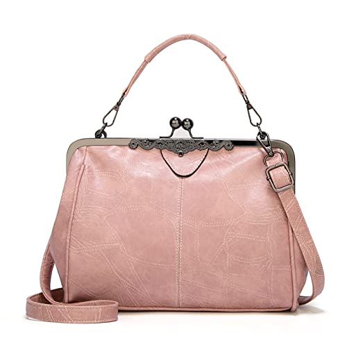 Women Vintage Kiss Lock Handbags for Women PU Leather Evening Clutch Satchel Purse Tote, Pink
