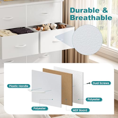 Image of OLIXIS 8 Drawer Storage Dresser for Bedroom, White Closet Organizers Units | Fabric Dresser with Wooden Top, Chest of Drawers Clothes Storage, Tower Cabinet for Living Room, TV Stand Furniture