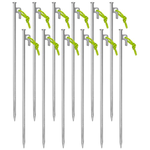 Picchetti per tenda, 12 pezzi, 40 cm, con gancio a P e un pezzo di guinzaglio fluorescente, robusti picchetti in acciaio zincato, diametro 9 mm, per pavimenti duri, campeggio, tendoni, gazebo