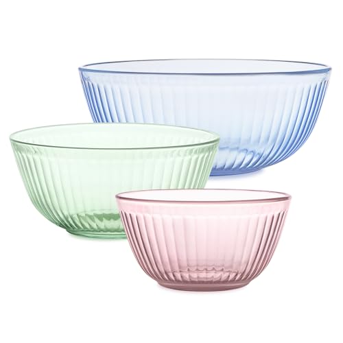 Pyrex Colors Set of 3 Tinted Carved Mixing Bowls Without Lid Small/Medium/Large Glass Space Saving for Prep and Baking, 1.3L, 2.3L and 4.5L (Pink, Green)