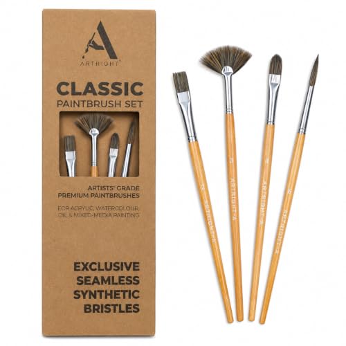 Image of Mix Artist Paintbrush Set of 4, Premium Professional Brush for Acrylic, Watercolor & Gouache Painting, Multi-Purpose Brushes for Beginners & Professionals (Round 6, Flat 5, Fan 3, Filbert 4)