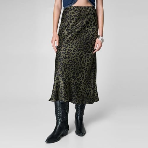 SANSIWU Women's Leopard Print Skirt Midi Long Length High Waist Ruffled Hem Midi Wrap Skirts Satin Casual A-line Skirt (A-Dark Green, S) - Image 3