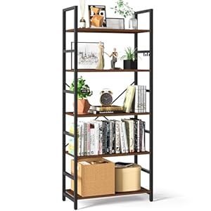 Yoobure 5 Tier Bookshelf – Tall Book Shelf Modern Bookcase for CDs/Movies/Books, Rustic Book Case Industrial Bookshelves Book Storage Organizer for Bedroom Home Office Living Room Rustic Brown