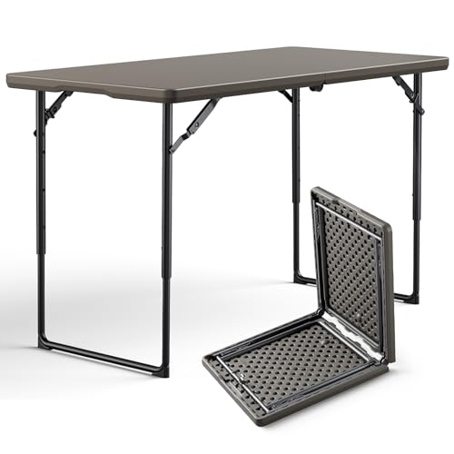 Folding Table, 4FT Foldable Picnic Table with Carrying Handle, Heavy Duty Fold-in-Half Portable Table for Weddings, Camping, RV Travel, Parties, BBQs, and Indoor Use, Easy to Fold and Store, Khaki