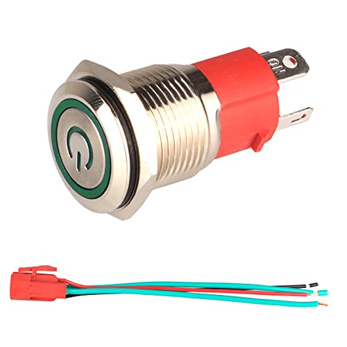 GUUZI 12V-24V / 15A Interruptor de Botón de Enclavamiento NO, Luz LED Verde Impermeable Botón de Encendido de Metal de 16 mm Iluminado con Cable de Enchufe