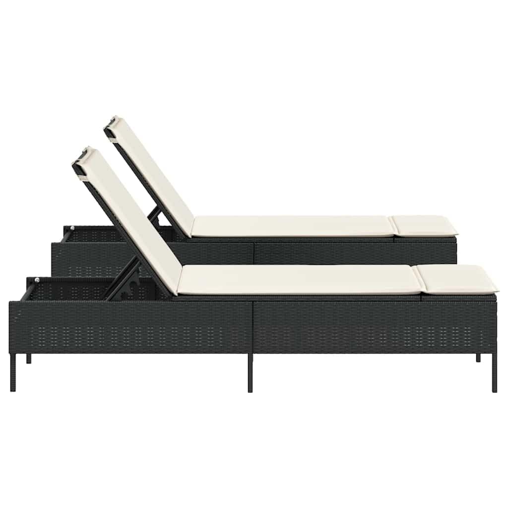 Tumbonas con cojines, 2 unidades, color negro, resina trenzada, chaise longue de jardín, respaldo ajustable en 5 posiciones, baño de sol, muebles para playa, terraza, balcón