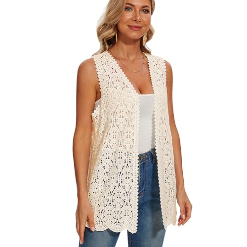 Image of Womens Floral Crochet Lace Boho Trim Sleeveless Open Front Vest Cardigan