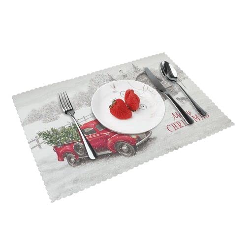 Christmas Placemats Set Of 4 For Dining Table, 12 X 18 Inch Winter Xmas Snowflakes Holiday Rustic Vintage Cute Dog Washable Table Mats (Christmas Red Truck) #TOP19