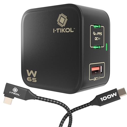 I-TIKOL 65W USB C Charger Block 3 Port - Foldable GaN Fast Charger with Cable Type C - PD 3.0 PPS QC 4+ Wall Charger Adapter for MacBook Air/Pro, Dell XPS, iPad Pro, iPhone 14/Pro/Max, A1901-04