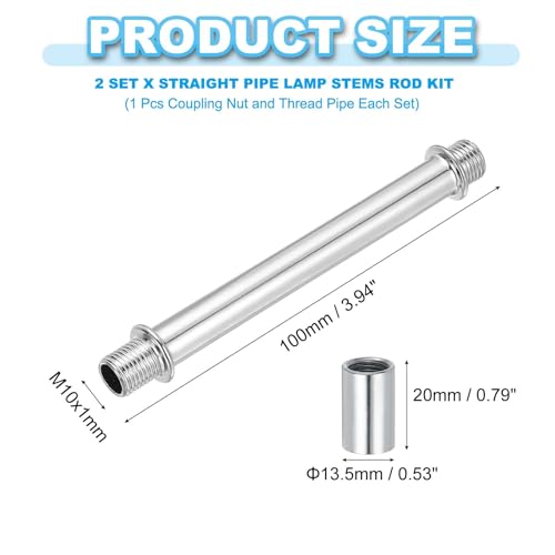 Image of PATIKIL Straight Pipe Lamp Stems Rod Kit, 2 Set M10 Carbon Steel 100mm(3.94 inch) Long Double End Thread Rod with Coupling Nuts Sleeve Connector for Table Lamps Chandeliers,Chrome