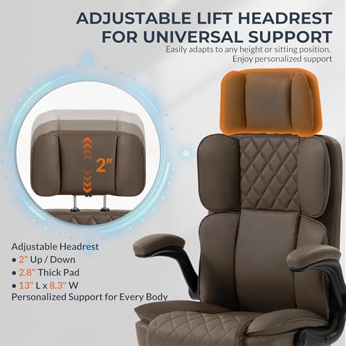 Image of Office Chair with Adjustable Headrest - Executive Leather Desk Chair for Home Office, with Flip-Up Arms & Ergonomic Lumbar Support, Perfect for Work and Study, Brown