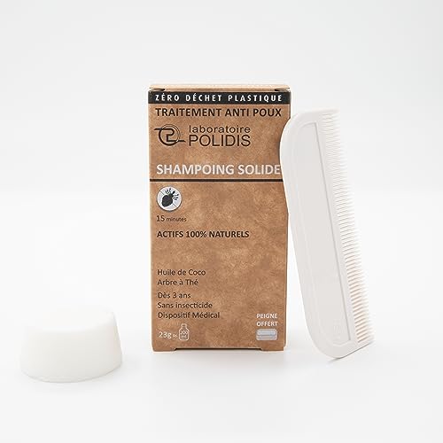 LABORATOIRE POLIDIS - Shampoing Solide Anti Poux & Lentes À L'Huile De Coco Et Huile Essentielle d'Arbre à Thé - Traitement Cheveux 15min - Peigne Anti Poux - Actifs Naturels Sans Insecticide Chimique