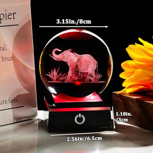 Image of Arikyrist 3D Crystal Ball Elephant Figurine with Colorful Light Base, Laser Elephant Gifts for Women Men, Glass Elephants Statue Decorative Ball for Home Office (80mm)