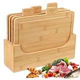 Tatqilo Juego de 4 tablas de cortar de bambú para cocina, tablas de cortar con soporte, tablas de cortar para carne, verduras, pescado y pan