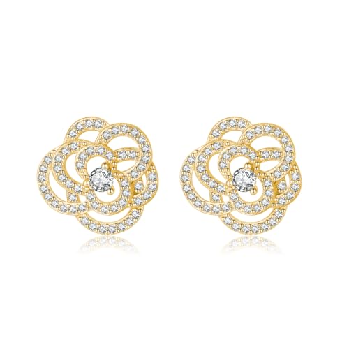 SLUYNZ Solid 925 Sterling Silver CZ Flower Wedding Earrings Stud for Women Teens 1.5CM Camellia Flower Stud Earrings Bridal