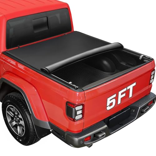 RHOBRA Soft Roll-up Truck Bed Tonneau Cover Compatible with 2020-2026 Jeep Gladiator JT (w or w/o Track Rail System) 5ft Bed 26.5oz Vinyl Soft Truck Bed Cover Weather Resistant Bed Cover