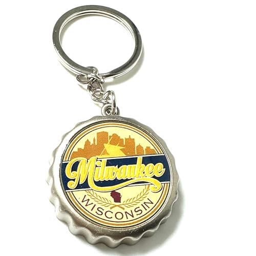 Milwaukee Keychain Metal Opener Wisconsin Vacation Souvenir Key Ring with Bottle Cap Skyline Design