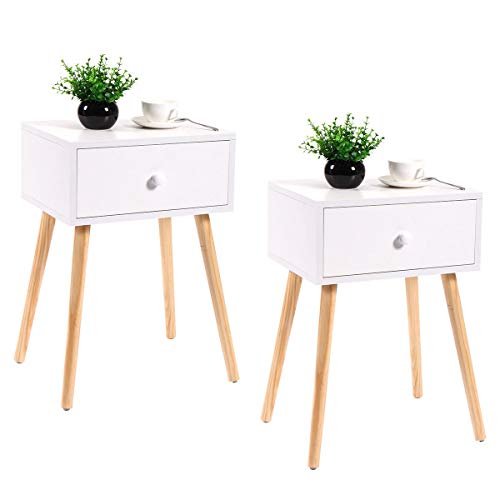 JAXPETY Set of 2 Wooden Bedside Table Solid Wood Legs, Nightstand End Table w/White Storage Drawer for Bedroom Living Room Office Home Furniture, White