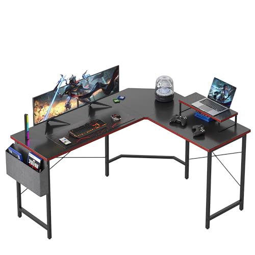 CubiCubi Gaming Tisch Eckschreibtisch 150x120cm, Schreibtisch mit Monitorständer und Seitlicher Aufbewahrungstasche, Gaming Schreibtisch L Form, Computertisch, Kohlefaser Schwarz