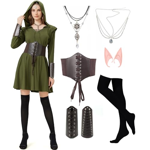 KUKIKUKI Mittelalter Kleidung Damen Gothic Kleid Elfen Kostüm Damen Mittelalterliches Kapuzenkleid Set Mittelalter Kostüm Damen Renaissance Kleid fur Erwachsene mit Zubehör