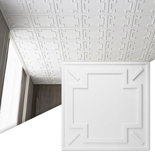 Image of Art3d Decorative Drop Ceiling Tile 2 inchx2 inch, Glue-up 3D Textured Ceiling Panel, Plastic Sheet in White(12 Pack)