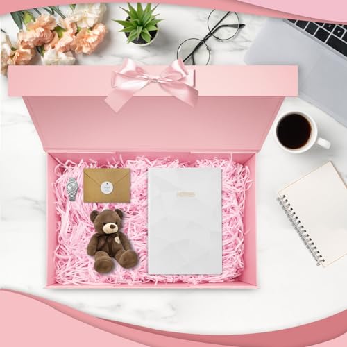 Rosa Luxus Große Magnet-Geschenkbox, 32,5 * 23 * 10,5cm mit Band, Papier& Grußkarte Party Favor Box für Hochzeit, Geburtstag & Muttertag