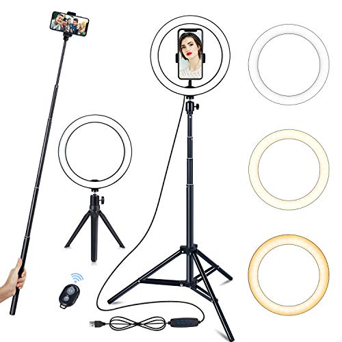 EKOOS 10  Selfie Anillo de luz con soporte para trípode & Soporte para teléfono, con 3 colores 11 brillos Anillo de luz LED USB para Self-Media/Makeup/Live Broadcast, Compatible con IOS/Android