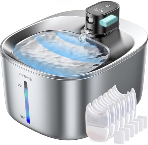 Fuente para Gatos Inalambrica con Sensor De Movimiento En Acero Inoxidable, Feelneedy 4l Fuente De Agua para Gatos Sin Cable con Bateria Recargable 4000mah, con 6 Filtros+ 12 Esponjas, INOX