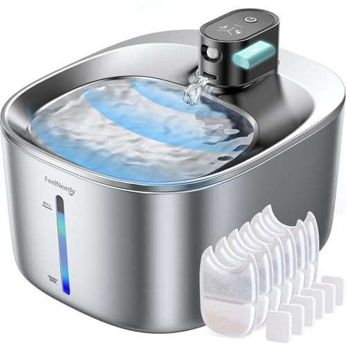 Batteriebetriebener Katzentrinkbrunnen Kabellos mit Bewegungsmelder aus Edelstahl Trinkbrunnen für Katzen mit Sensor FEELNEEDY 4L Katzenbrunnen Ohne Strom Leiser mit 6 Filter+12 Schwämme-INOX