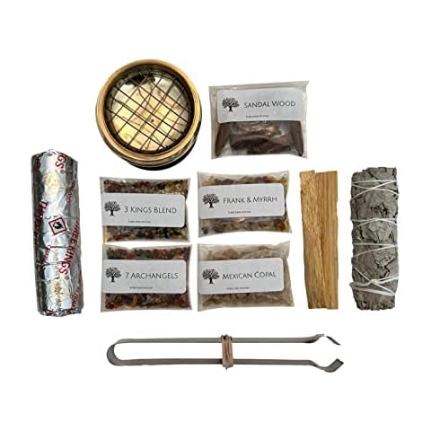 Purecense Incense Set: Brass Screen Incense Burner, White Sage, Palo Santo, Half Ounce Incense Selections and Sandalwood Cones Cover