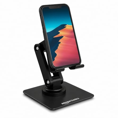 Image of amazon basics 360 Rotating Phone Stand for Desk, Foldable & Adjustable Height Mobile Holder, Anti-Slip Base, Compatible with All Smartphones (Black)