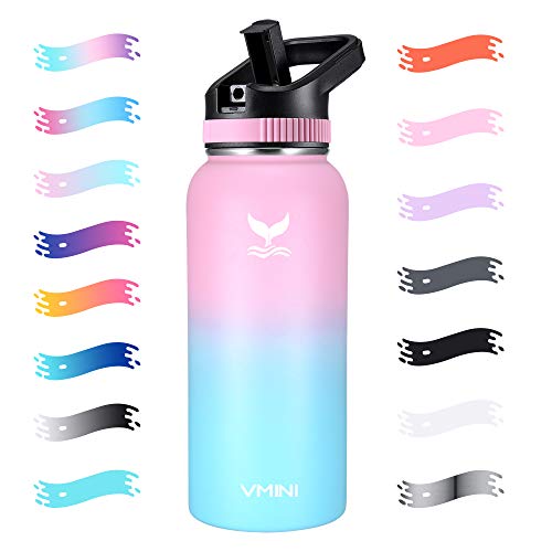 Vmini Water Bottle with Straw, Wide Sturdy Straw Lid with Dust Proof Cap, Wide Mouth Vacuum Insulated Stainless Steel Water Bottle, Gradient Pink+Blue, 32 oz