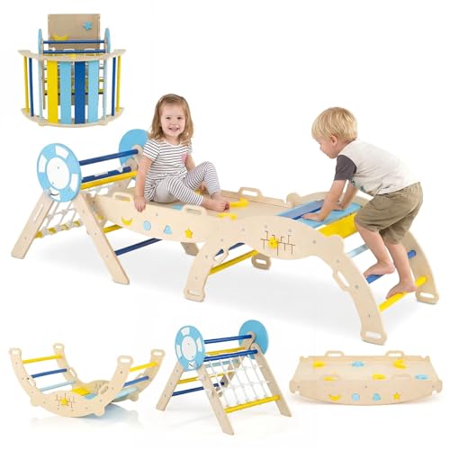 COSTWAY 7 in 1 Set da Arrampicata per Bambini, Giochi da Arrampicata Pieghevole con Arco, Rampa e Scala a Corda, con Blocchi e Gioco del Labirinto (Marinaio 3 pezzi con rete, Macaron)