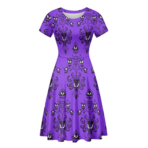 Suhoaziia Robe taille haute pour femme - Manches courtes et col rond - Robe trapèze ample - Longueur genou, Haunted Mansion, 4XL Cover