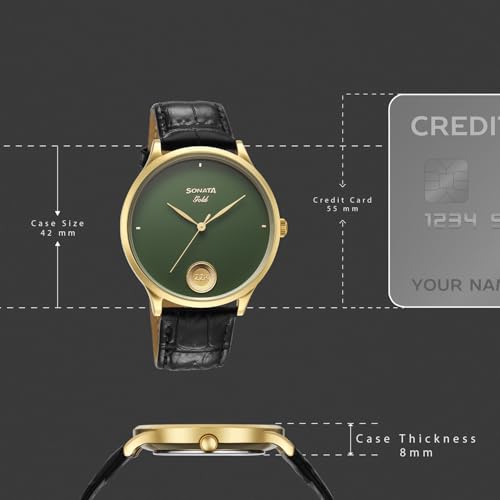 Image of Sonata Gold with Quartz Analog Sacred Forest Green Dial with 0.15 Gm 22 Karat Tanishq Gold Coin On Dial Black Leather Strap Watch for Men - 7153YL04