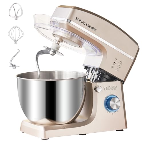 Vertical electric mixer, 8L, 1500W, 6 speeds, kitchen electric food mixer, tiltable mixing head and non-slip design, stainless steel mixing bowl. Comes with 6 accessories.