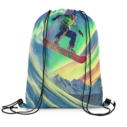 Erosebridal Aurora Skiing Drawstring Backpack 13x15.7, Winter Ski Themed Drawstring Bags, Snowboard Skier Reversible Draw String Back Bag For Swim Yoga, Snow Mountain Scene String Backpack
