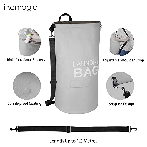 Ihomagic Laundry Hamper With Handle, Laundry Bag Backpack With Adjustable Shoulder Straps And Pocket, Portable Laundry Bag Boxing 71L - Foldable Fabric Laundry Basket For College, Travel (Light Grey) #TOP2