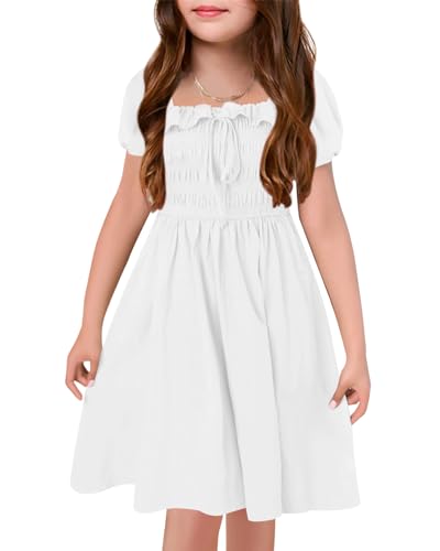 Batermoon Girls Summer Dresses Boho Smocked Puff Sleeve Casual Flowy Sundress 7-14 Years