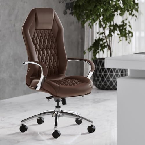 Zuri Furniture Modern Ergonomic Sterling Genuine Leather Executive Chair with Aluminum Base Dark Brown