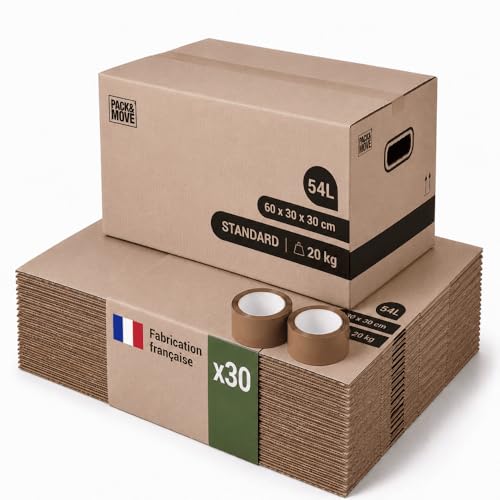 Pack and Move - Lot 30 cartons déménagement stockage standard - 60 x 30 x 30 cm - Poignées renforcées - 2 adhésifs offerts